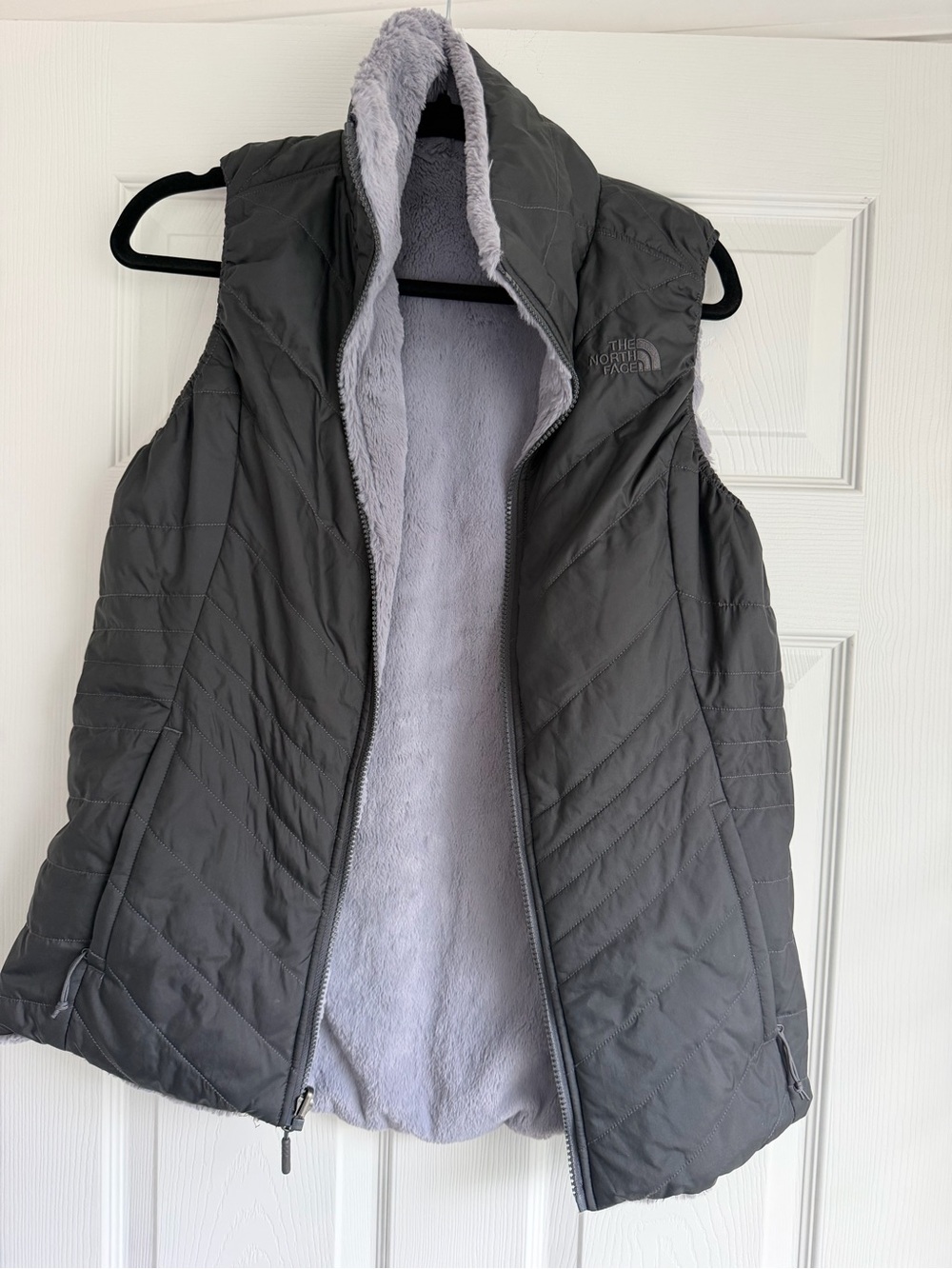 Reversible North Face Charcoal Quilted Vest with Light Gray Faux Fur